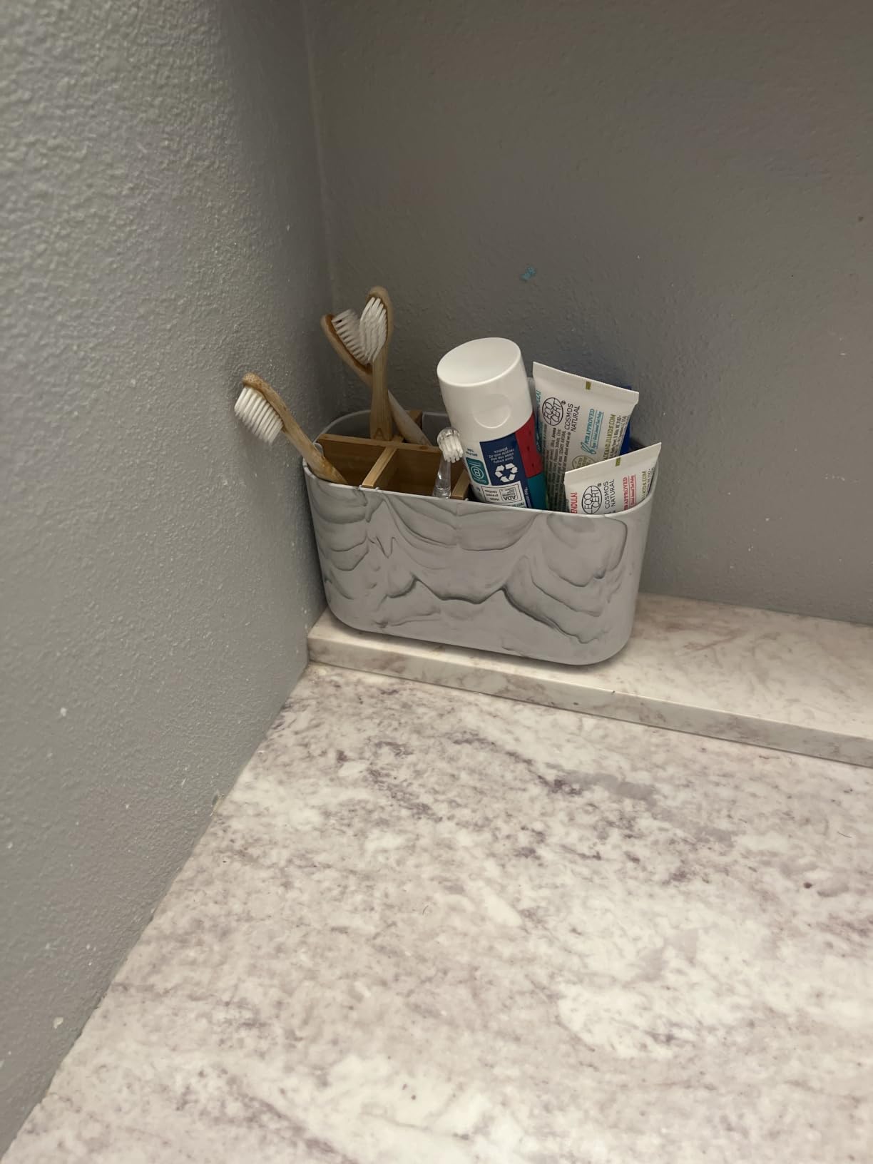 GFWARE Toothbrush Holders for Bathrooms, 5 Slots Bamboo Toothbrush Holder Kids Electric Toothbrush Holder and Toothpaste Holder for Bathroom Countertop Accessories Storage, Marble Toothbrush Organizer customer photo 1