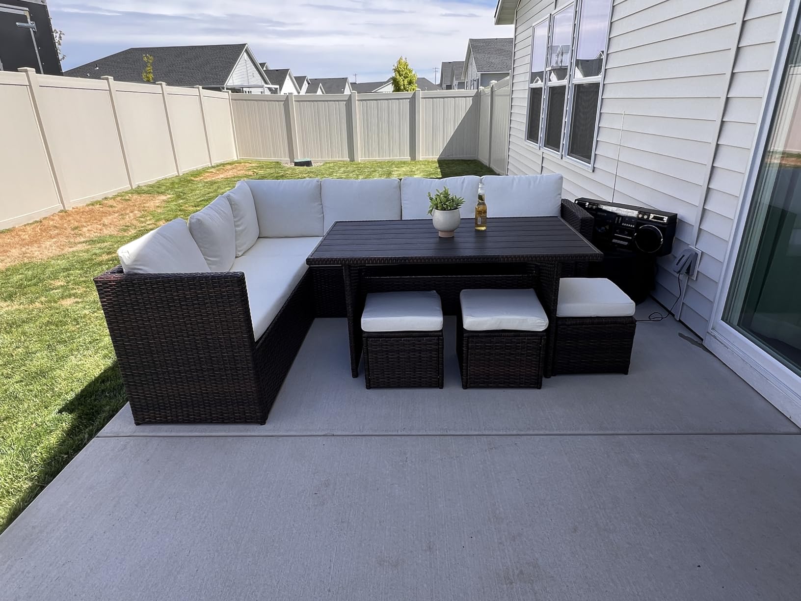 Wumiokio Patio Furniture Set, 7 Pieces Outdoor Patio Furniture with Dining Table&Chair, All Weather Wicker Conversation Set with Ottoman,Brown Rattan & Ivory Cushions (Include Sofa Dust Cover) customer photo 1