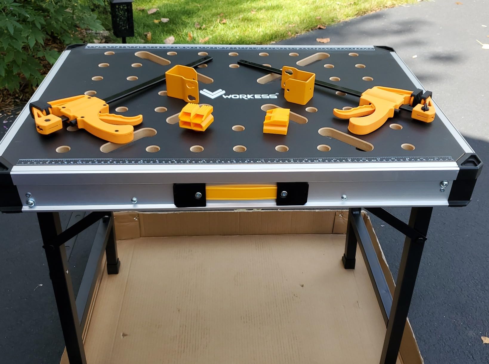 WORKESS Portable Workbench 1000Lbs Capacity Heavy Duty Folding Work Table with 2 Quick Clamps, 4 Bench Dogs, 3 Tool Boxes for Garage Easy Storage customer photo 2