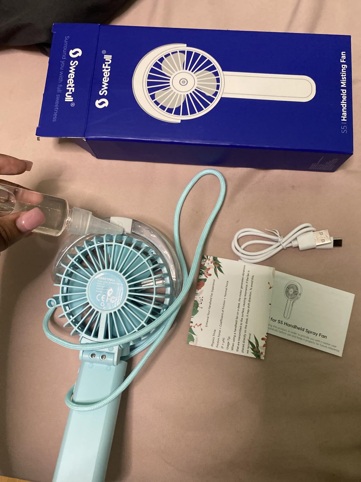 SWEETFULL Portable Misting Fan - 180° Foldable Handheld Personal Fan with Mist Spray, 3 Speeds, 30ml Water Tank, USB Rechargeable for Travel, Outdoors, Makeup, Camping, Home, and Office Use customer photo 1