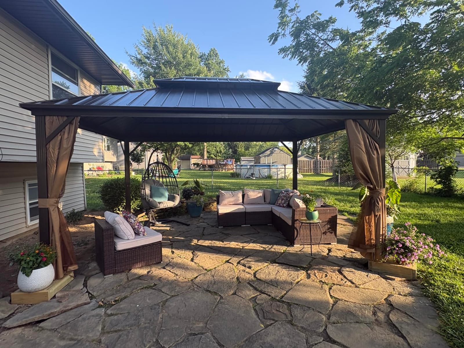 EROMMY 12' x 12' Hardtop Gazebo, Aluminum Frame Gazebos with Galvanized Steel Double Roof, Permanent Outdoor Metal Pavilion with Curtain and Netting for Patio, Lawn, Deck customer photo 1