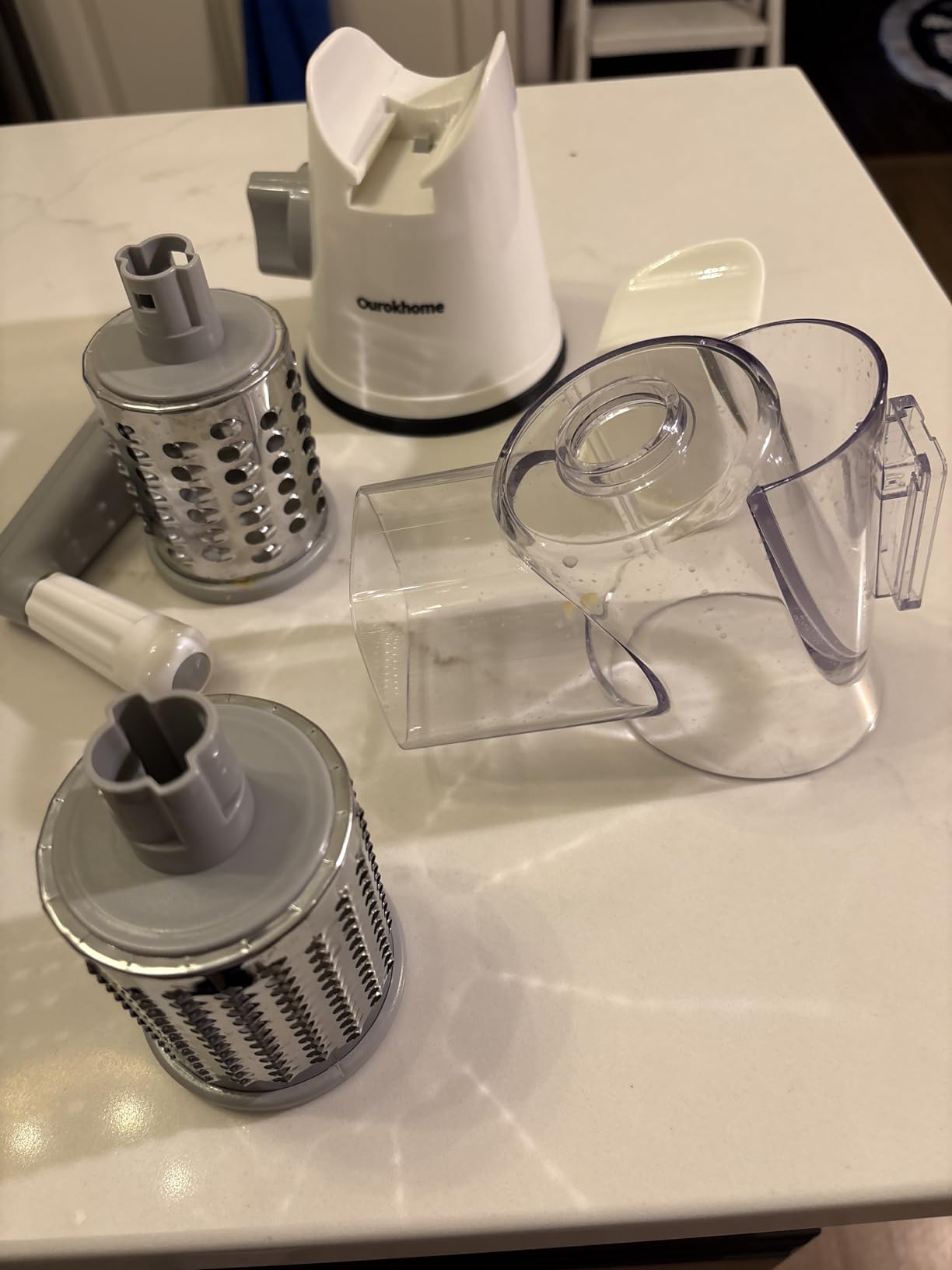 Ourokhome Rotary Cheese Grater Hand Crank, Kitchen Shredder Speed Mandolin Slicer Ice Shaver with Handle and Drum Blades for Cheese, Vegetable, Nuts, Chocolate, Potato, Carrot, 5 Blades, White customer photo 1