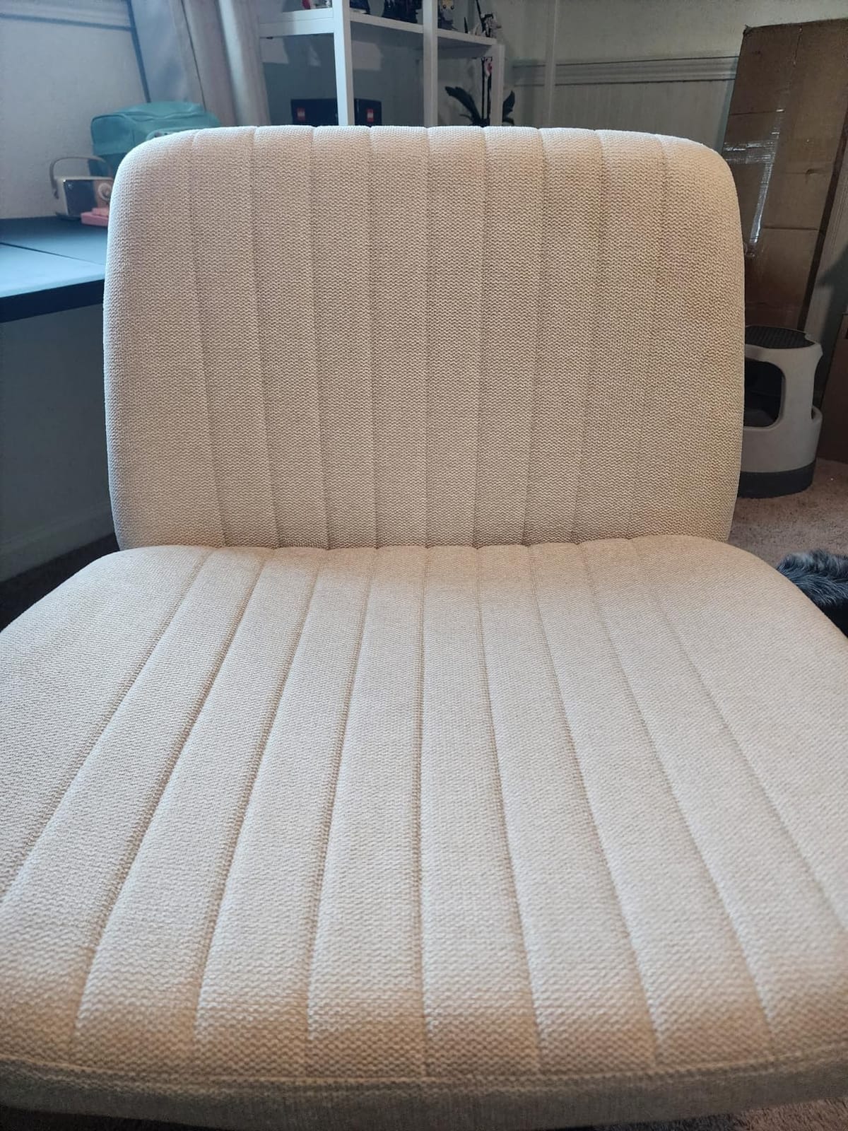 Orange Factory Criss Cross Chair, Wide Fabric Vanity Desk Seat, Beige Wheel | Cross-Legged with 360° Swivel, Height Adjustable, Smooth and Silent Wheels, Comfy Seating for Office, Desk, or Computer Use customer photo 1