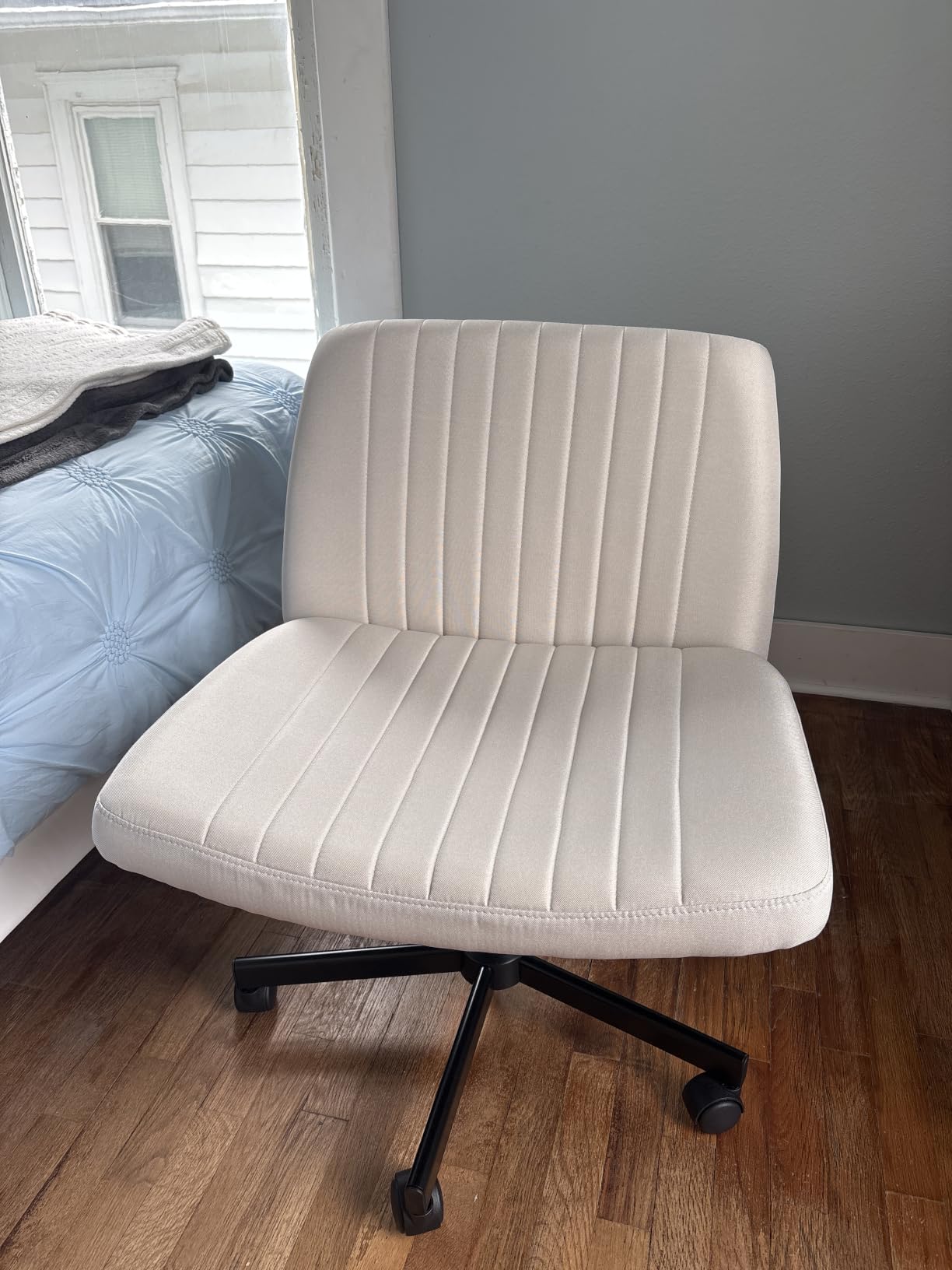 Orange Factory Criss Cross Chair, Wide Fabric Vanity Desk Seat, Beige Wheel | Cross-Legged with 360° Swivel, Height Adjustable, Smooth and Silent Wheels, Comfy Seating for Office, Desk, or Computer Use customer photo 2