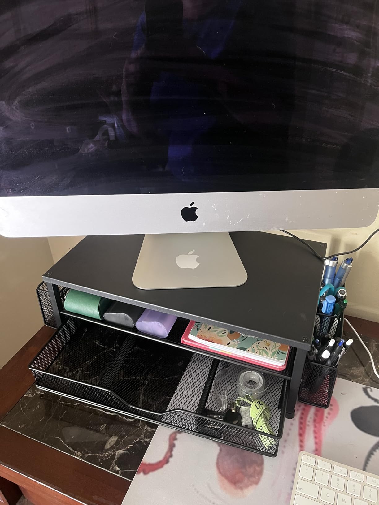 OPNICE Desk Organizer and Accessories, 2-Tier Computer Monitor Stand Riser with Drawer and 2 Pen Holders, Laptop Stand, Office Desk Accessories for Office Supplies, Black customer photo 2