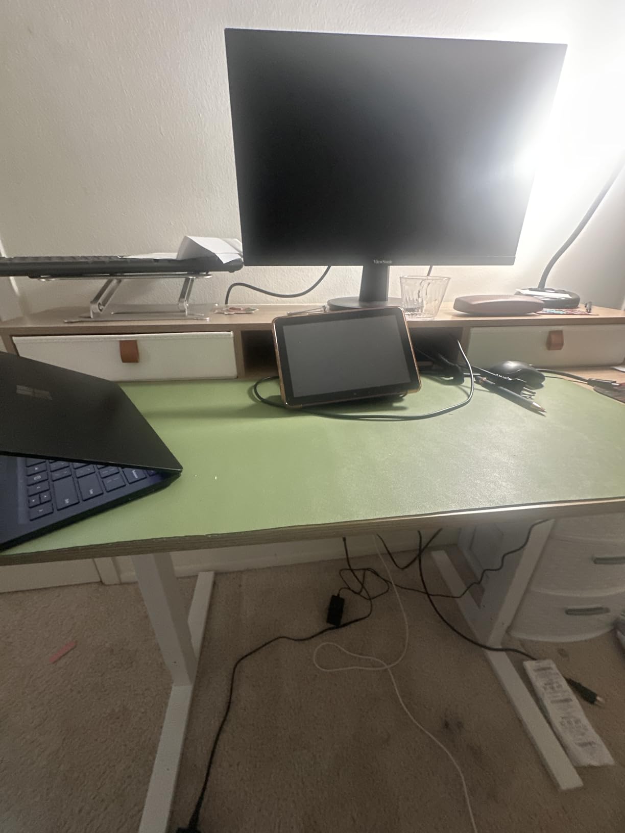 TIQLAB 48 x 24 inch Standing Desk with Two Drawers & Top Shelf, Maple customer photo 1