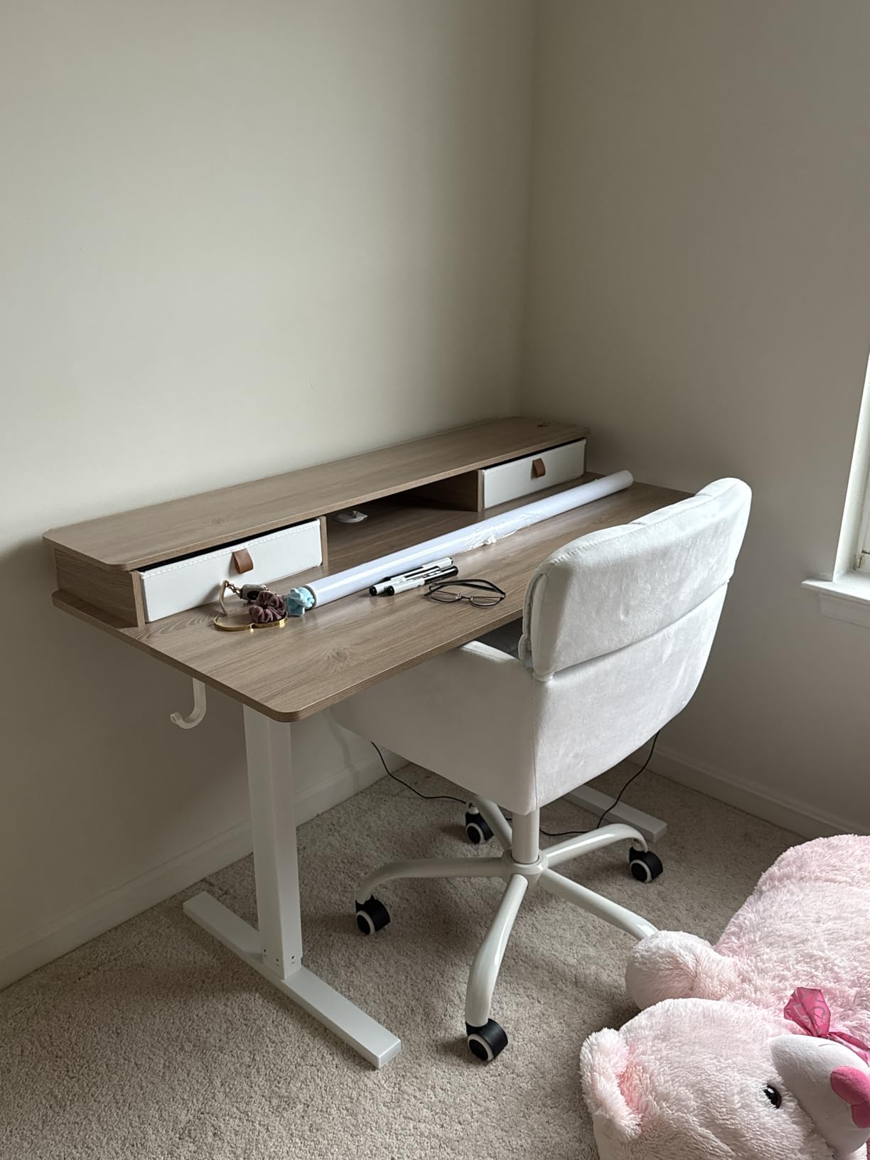 TIQLAB 48 x 24 inch Standing Desk with Two Drawers & Top Shelf, Maple customer photo 2