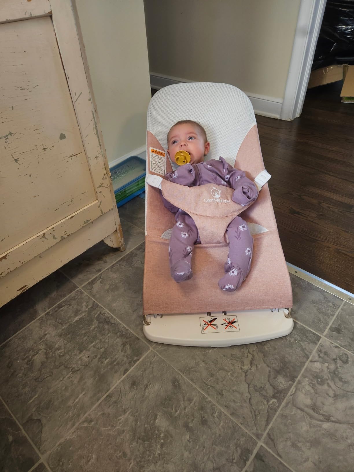 ComfyBumpy Baby Bouncer Seat, 100% Organic Cotton Fabric & Breathable Mesh, 3-Position Foldable Portable Infant Bouncer with Carry Case (8-20lbs Babies) Oatmeal customer photo 2