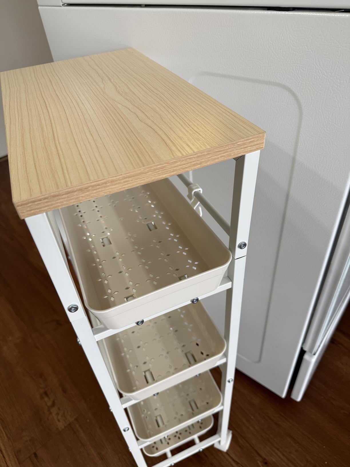 5-Tier Slim Storage Cart, Wooden Top Rolling Kitchen Cart with Pull-Out Baskets & Wheels, Narrow Space Utility Cart Slide Out Organizer for Kitchen, Bathroom, Laundry Room, White customer photo 1