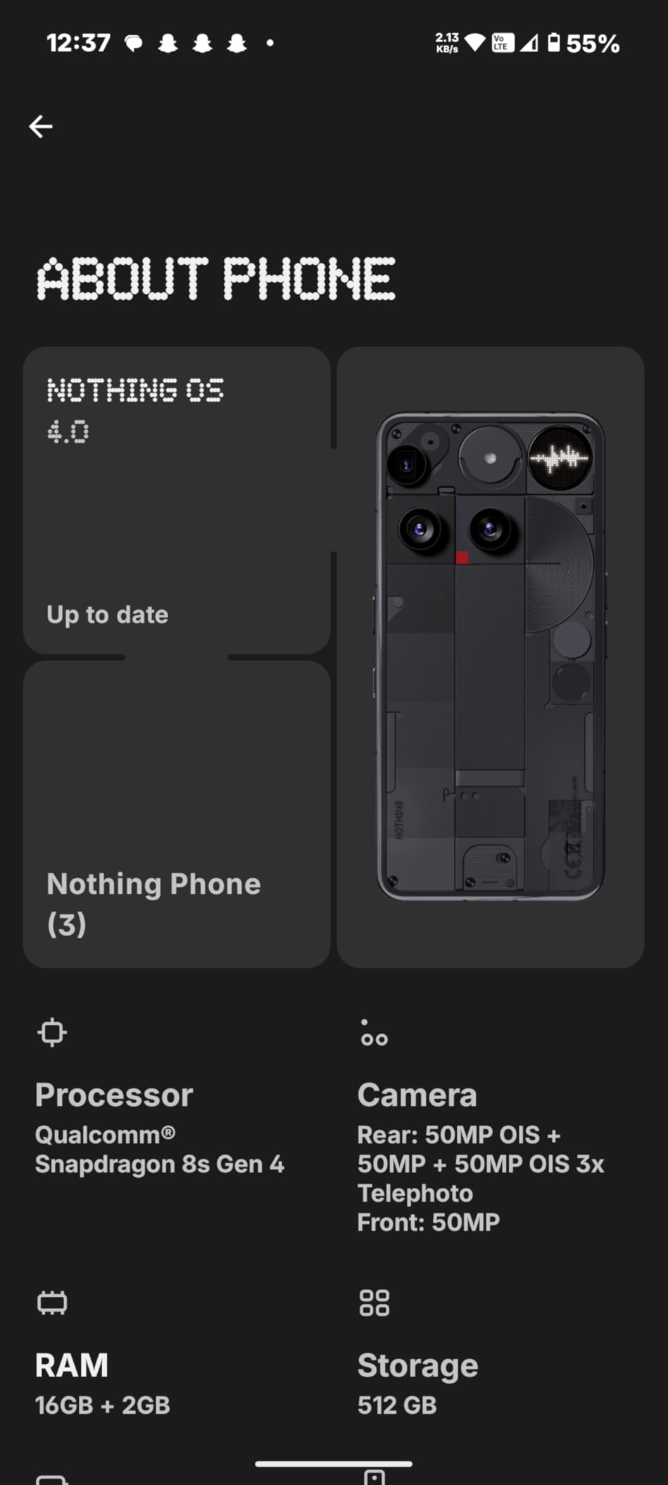 Nothing Phone (3) Cell Phone, 5G Unlocked Phones 512GB, Android 15, Snapdragon 8s Gen4, AI Mobile Phones with Four 50MP Cameras & AMOLED Display, 5150mAh, Glyph Interface, Smartphone Black customer photo 1