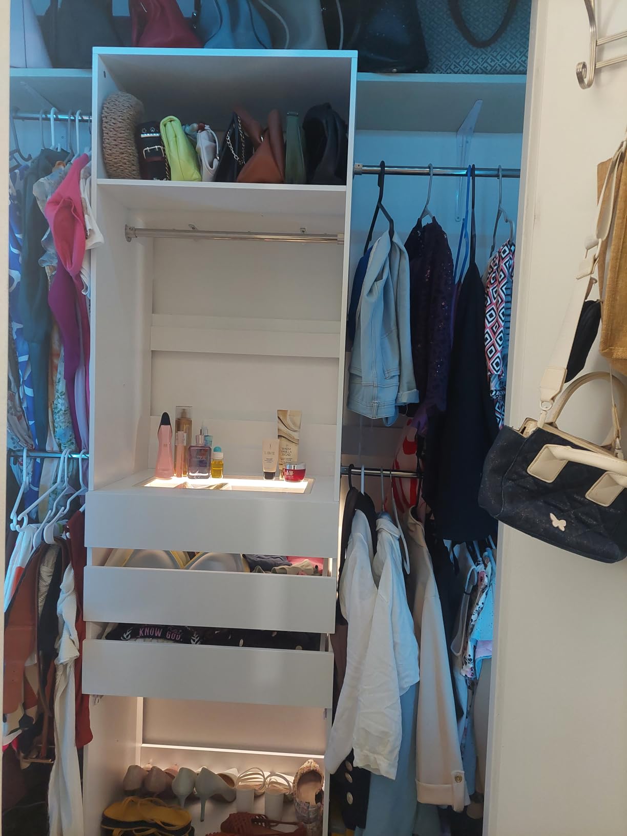 Closet System, 4-8FT Closet Organizer with 3 Wood Drawers & Glass Top, 102'' Walk in Closet with 5 Hang Rods & LED Lights & Trouser Rack, Built-in Wardrobe Clothes Rack with Shelves and Tower, White customer photo 1