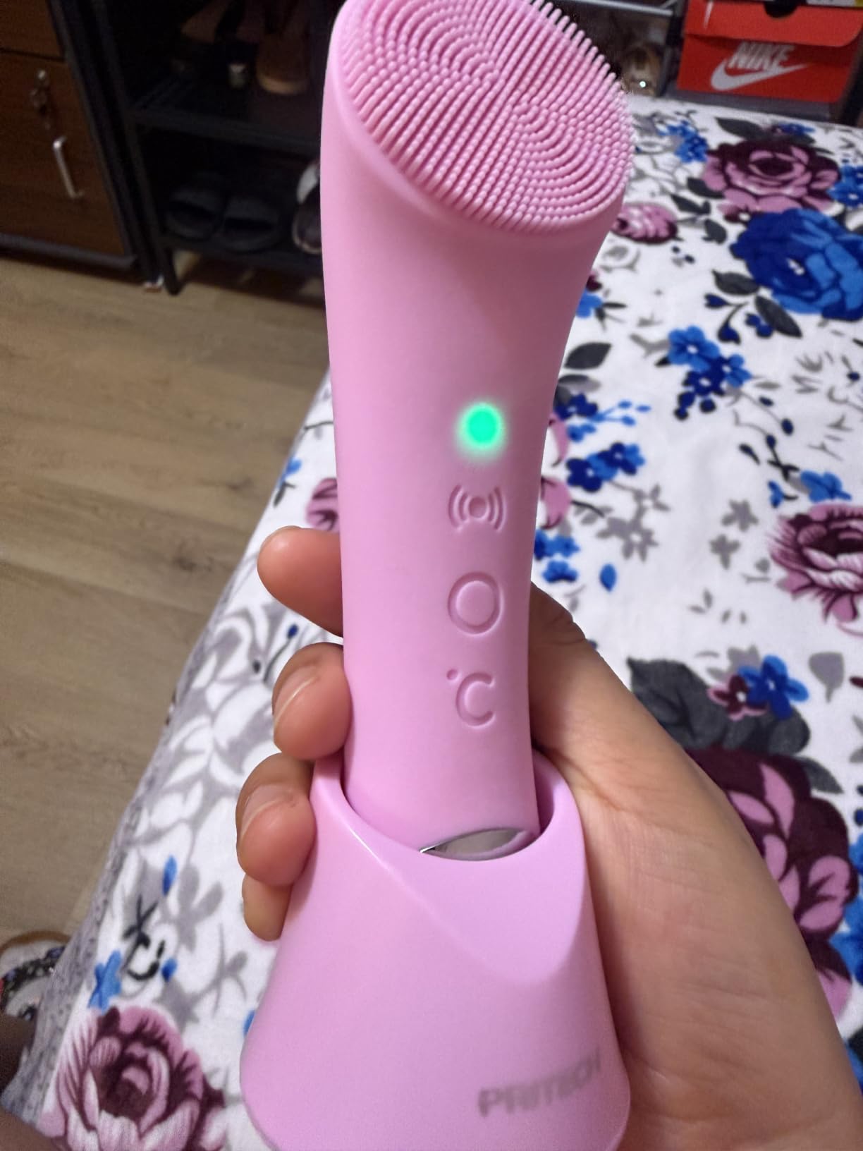 PRITECH Facial Cleansing Brush, Rechargeable Silicone Face Scrubber with Heat Massage End, Vibrating Exfoliator Scrubber for Deep Cleaning, Waterproof Face Brush for Women and Men (Black) customer photo 2
