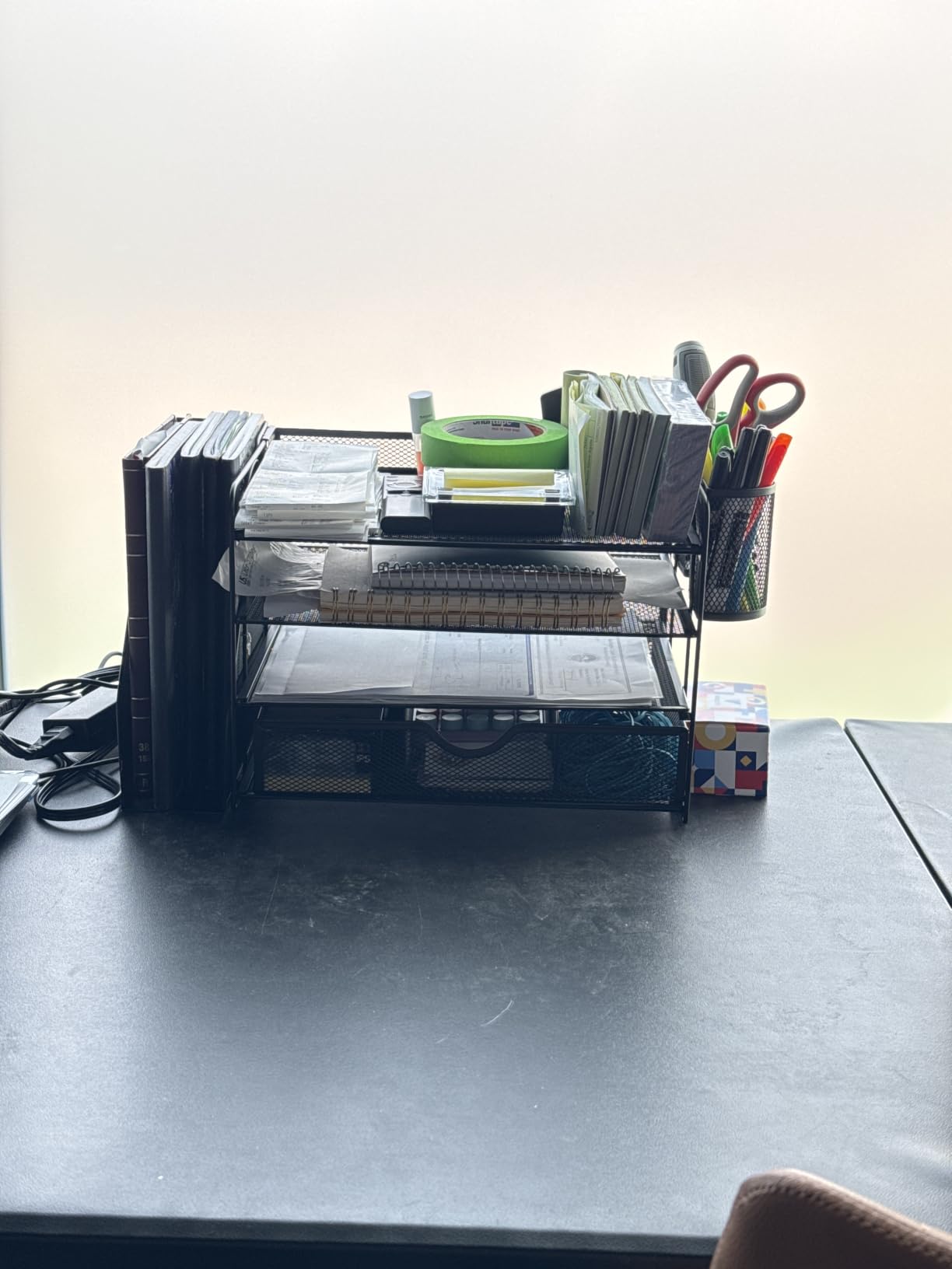 WALI Desk File Organizer, 4 Tier Desktop Paper Letter Tray Organizer with Drawer and 2 Pen Holders, Office Desk Accessories & Workspace Organizers for Office, Home Supplies(DO005DH-B), 1 Pack, Black customer photo 2