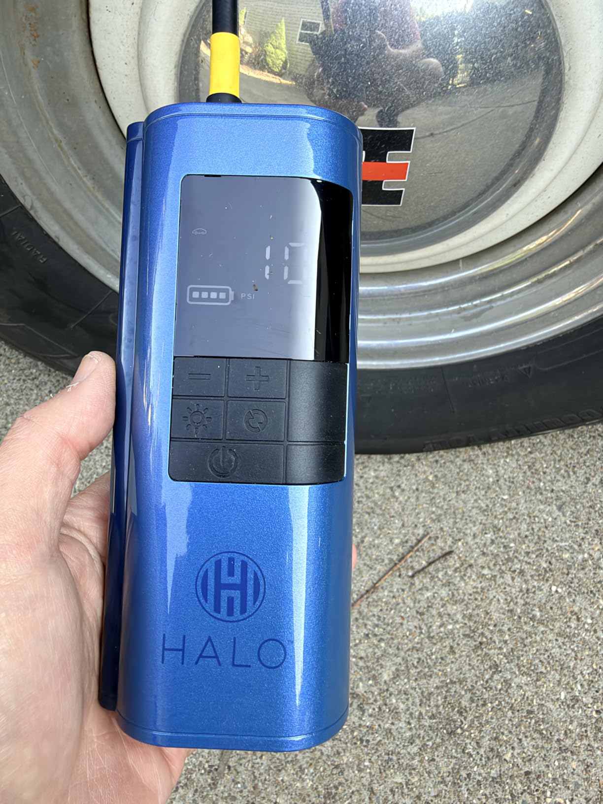 Halo Portable Tire Inflator, Cordless Air Compressor with Digital Display, Up to 150 PSI, USB-C Rechargeable Battery, 3-Mode LED Flashlight for Car Tires, Bikes, Balls and Inflatables - Dusty Blue customer photo 1