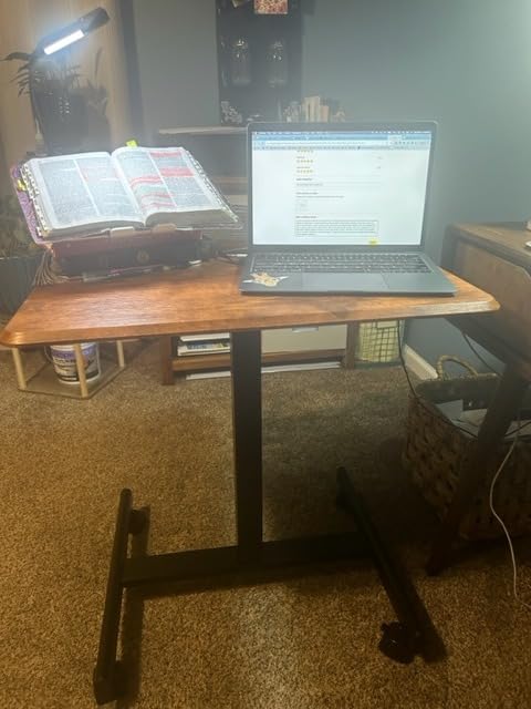 DUMOS Mobile Rolling Desk with Wheels Adjustable Height, Small Standing Desks Portable Laptop PC Table, Computer Workstation for Home Office Small Space, Modern Brown customer photo 2