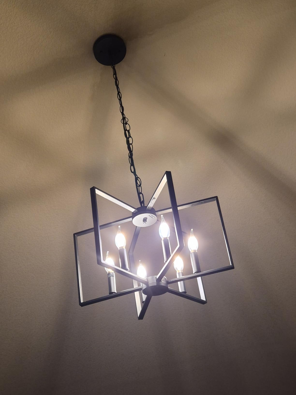 Black Farmhouse Chandelier, 6 Light Geometric Dining Room Light Fixture, Modern Industrial Metal Ceiling Light Rustic Hanging Pendant Lights with E12 base for Kitchen Island Entryway Foyer, Indoor customer photo 2